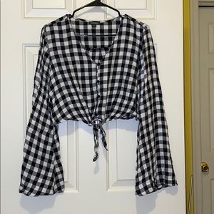 Gingham tie front with puffy sleeves